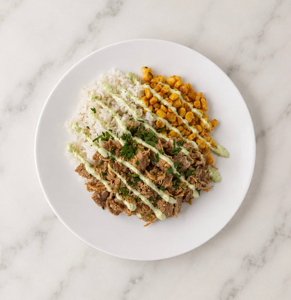 Salsa Verde Chicken + Street Corn + Jasmine Rice + Jalapeño Crema