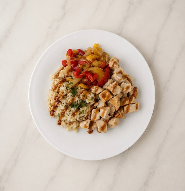 Herb Chicken Breast + Fajita Bell Pepper + Brown Rice + Teriyaki Sauce