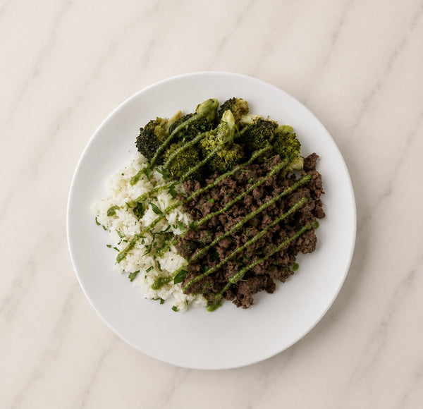 Ground Beef + Cilantro Jasmine Rice + Roasted Broccoli + Green Goddess Sauce