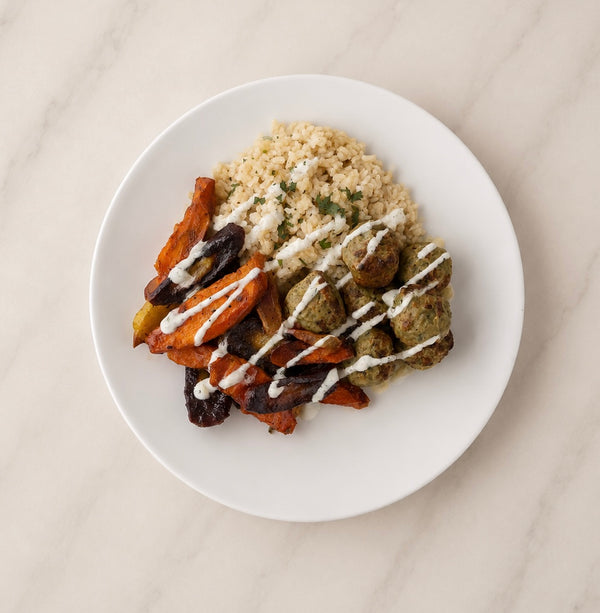 Zesty Zucchini Falafel + Maple Roasted Carrots + Brown Rice + Tzatziki Sauce